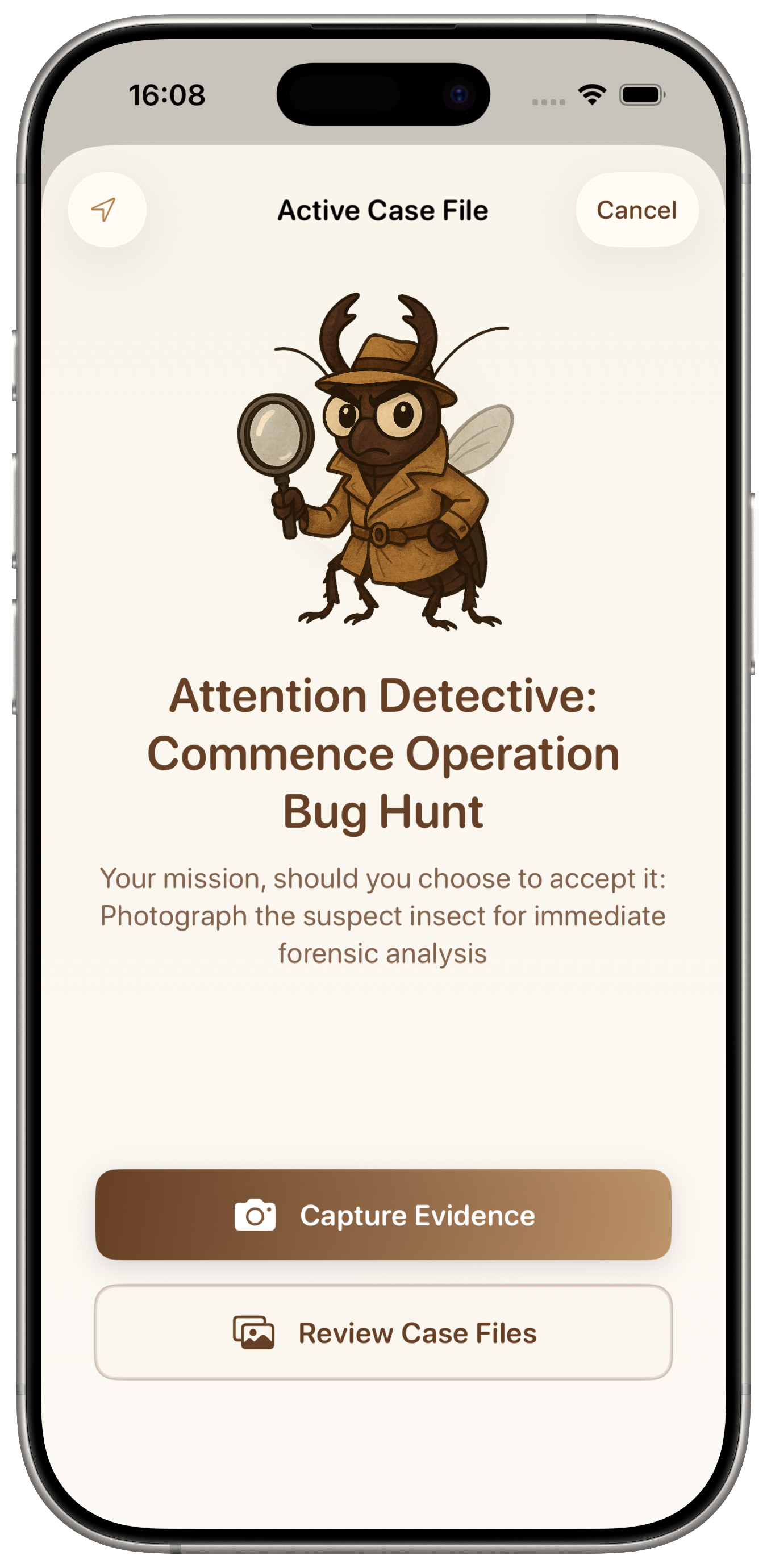 Insective iOS app - Naked Gun themed bug identifier that uses AI.